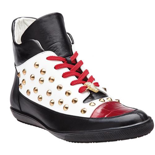 Belvedere "Vale" Red / White Genuine Crocodile And Soft Italian Calf Ankle Boots With Stud / Alligator Head 33018